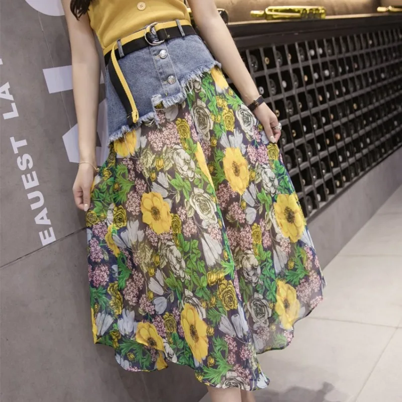 Женская джинсовая юбка с цветочным принтом длинная трапециевидная высокой