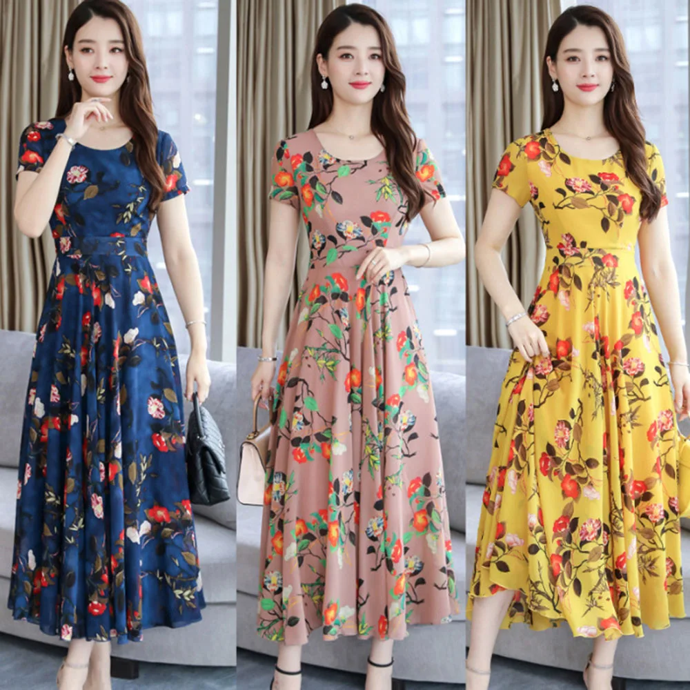 Женское длинное платье в горошек с коротким рукавом и круглым вырезом|Женские