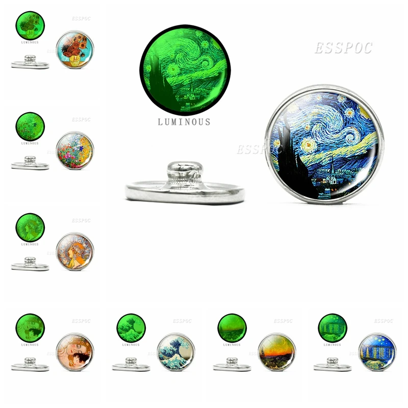 

Luminous 18mm Snap Oil Painting Glass Dome Button Van Gogh Starry Night Klimt Tree of Life DIY Jewelry for Friends Special Gifts