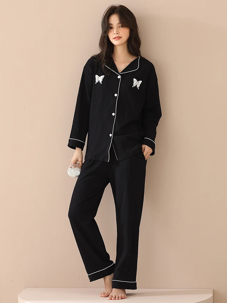 Spring Women Pajamas Sleepwear 2 Pcs Pure Cotton Butterfly Decoration Bowknot Turn-down Collar New Purple Nighty For Girls Pants