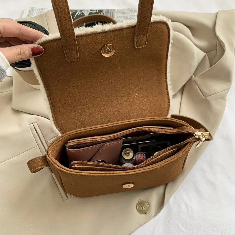 

Winter Style Nubuck Leather Shoulder Women's Bag High Quality Wool Flap Crossbody Bags Female Hot Sale Solid Color Sling Handbag