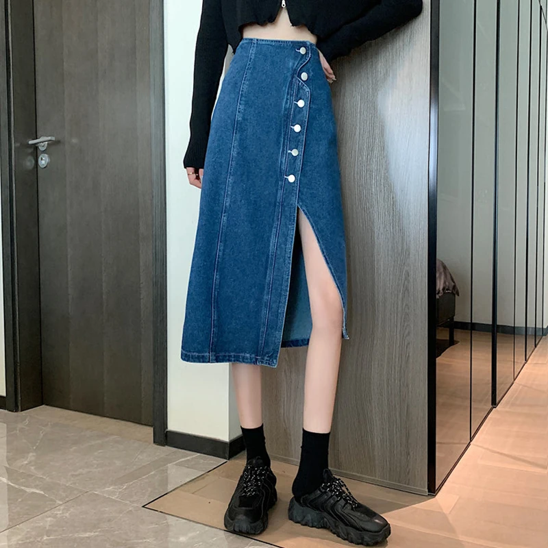 

Split denim skirt women's design niche summer 2021 new high waist irregular long skirt Casual Cotton Pockets Appliques