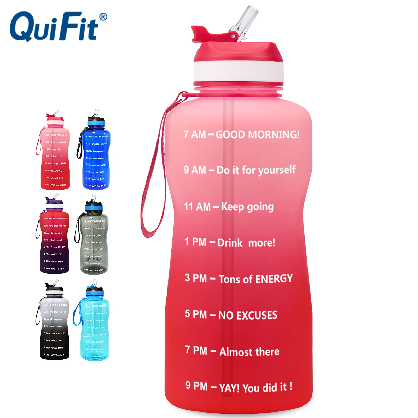 

QuiFit 2L 1.3L 450ml Tritan Water Bottle With Straw & Time Markings BPA Free Portable Protein Shaker Sports GYM Drinking Jug