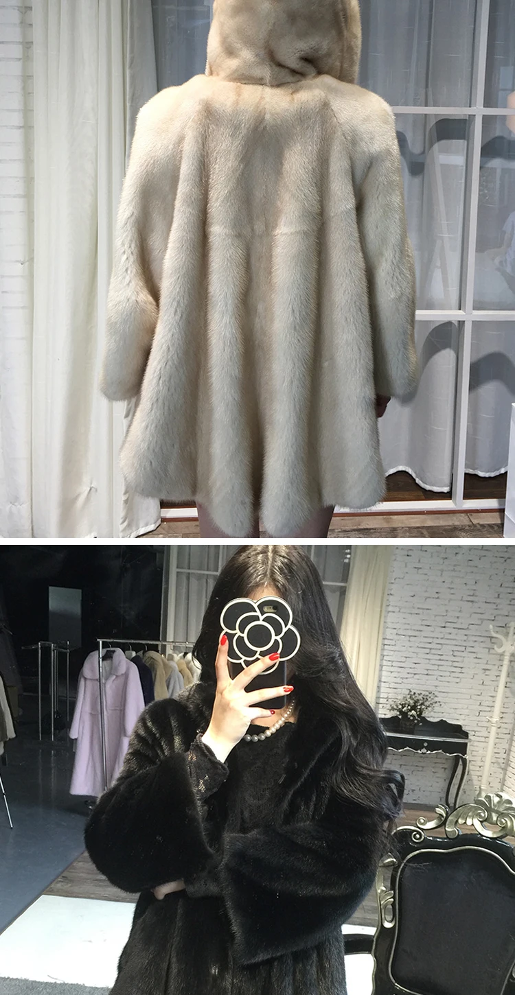 new autumn and winter Haining imported fur women's hooded tidy long section mink coat mink jacket