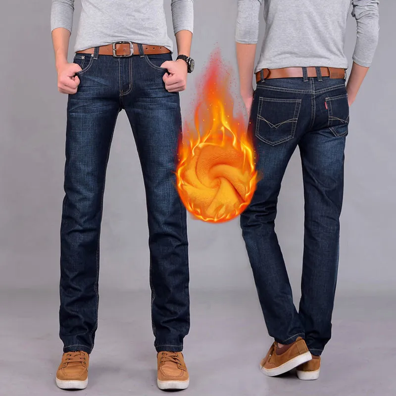 Зимние теплые фланелевые Стрейчевые джинсы мужские зимние качественные