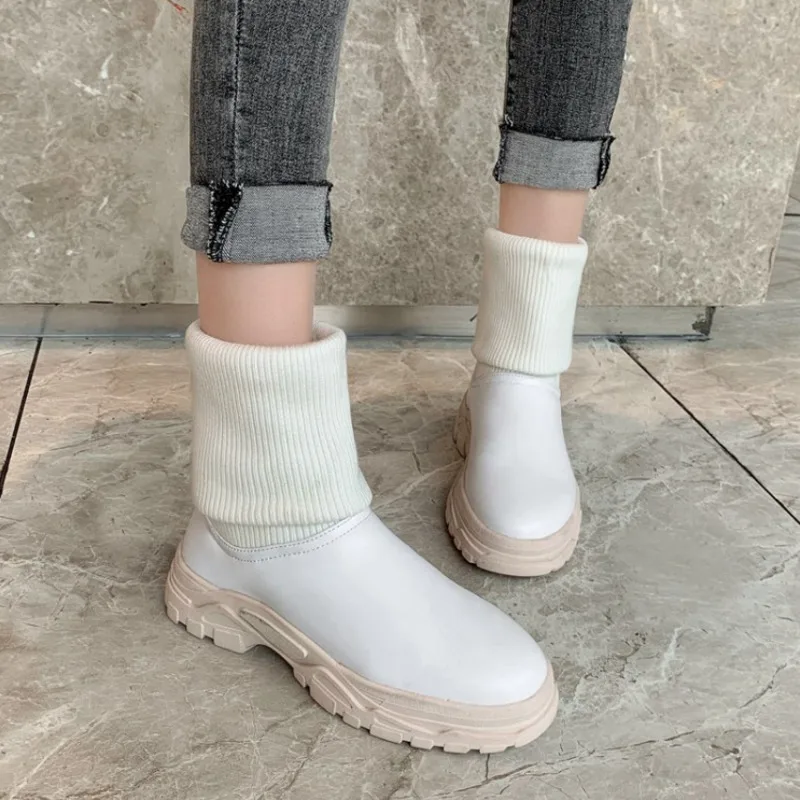 

Female Sock Boots Woman 2021 New Autumn Winter Fashion Flats Platform Soft Bottom Shoes Round Toe Ladies Mid Calf Warm Booties