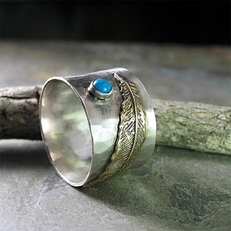 

YPAY 2021 Vintage Retro Silver Plated Dragonfly and Leaf Wide Ring Boho Style Women Blue Stone Punk Gothic Party Jewelry Gift
