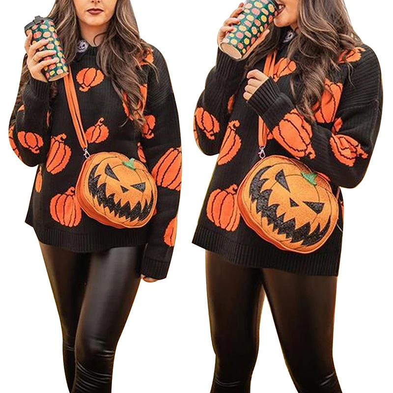 

New Halloween Style Women’s Casual Long Sleeve Sweater Autum Winter Vintage Pattern Round Neck Knitwear