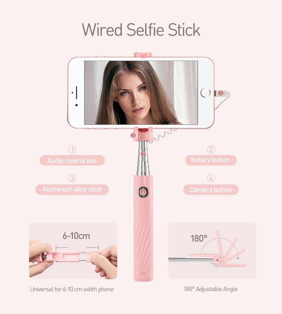 FLOVEME Мини Проводная селфи-Палка для iPhone 7, 8 Plus, X, XS, Max, XR, выдвижная палка для селфи, монопод для освещения камеры