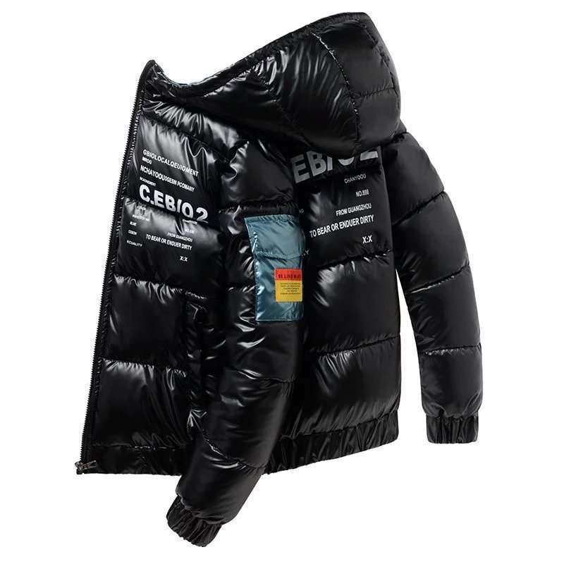 

2021 New Bright Leather Men Thicken Warm Winter Jacket Casual Parka Outwear Waterproof Stand Collar Hooded Coat Clothing