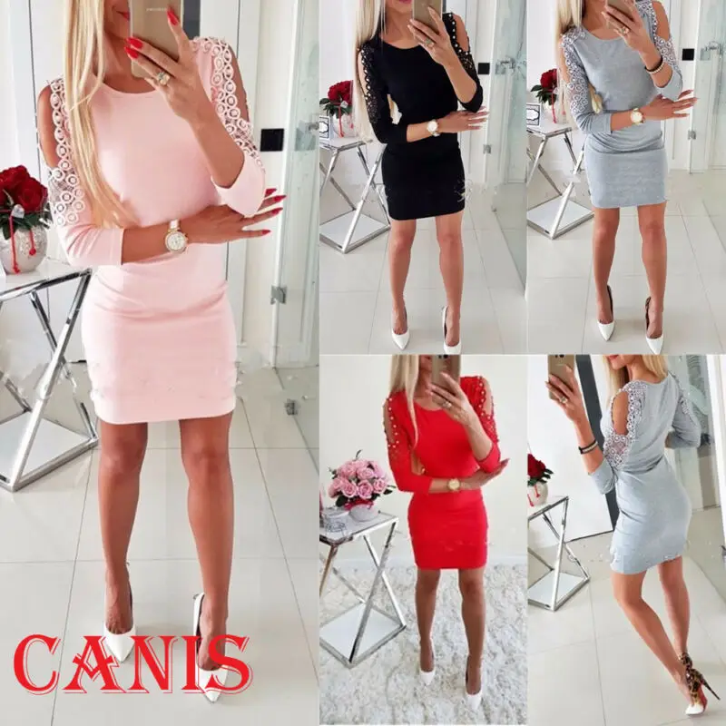 Женское облегающее платье с открытыми плечами бисером длинным рукавом