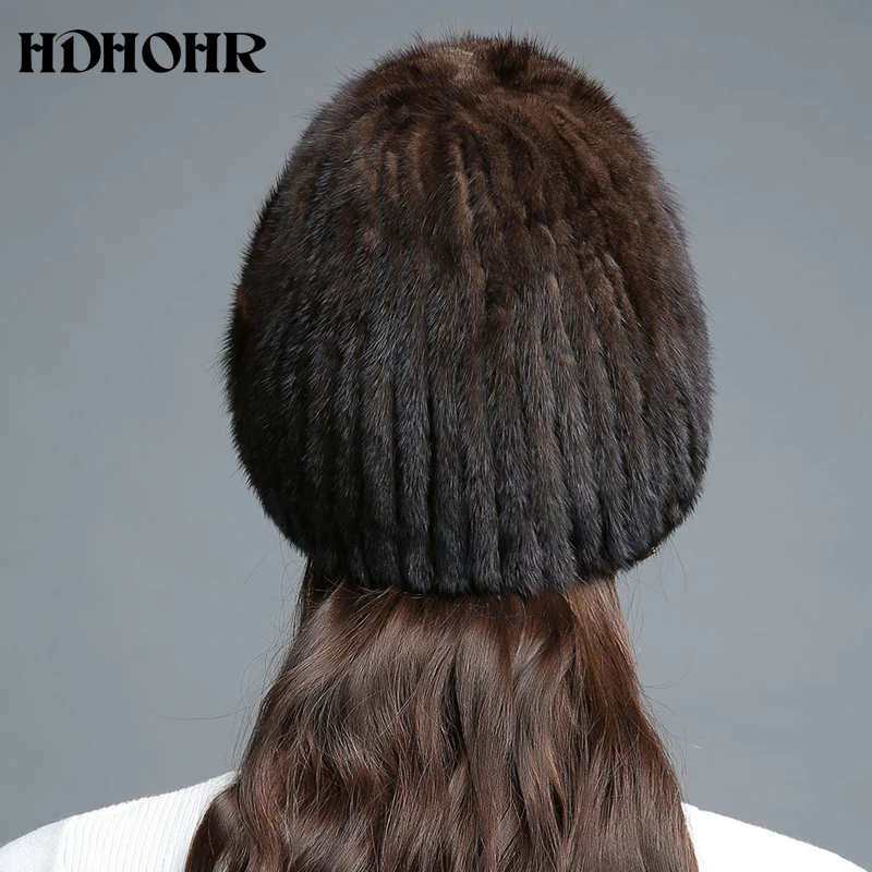 HDHOHR, новинка, меховая шапка, зимняя женская шапка из натурального меха норки, украшенная цветами, вязаные шапочки, модные женские меховые шапки