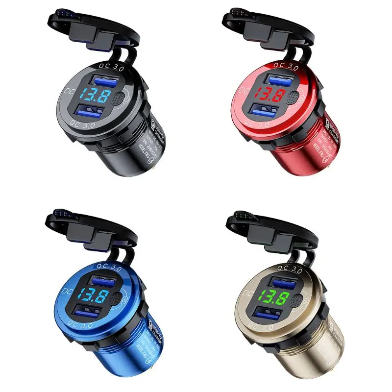 

12V 24V Aluminum Waterproof Dual QC3.0 USB Fast Charger Power Outlet LED Voltmeter Switch Cable for Car Marine Truck SUV