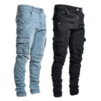 60hotmulti pockets men jeans solid color denim mid waist stretchy skinny jeans trousers