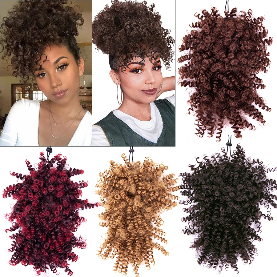 Synthetic Drawstring Kinky Curly High Puff Ponytail With Bangs Synthetic Curly Bangs Drawstring Ponytail With Bangs Balck Brown
