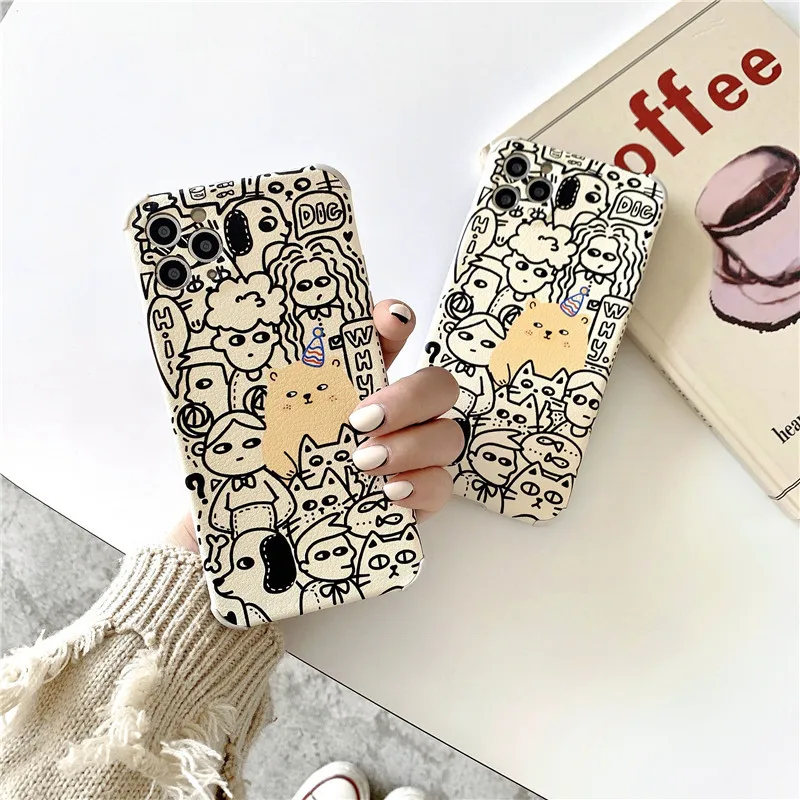 

Retro doodle puppy bear friends line art Japanese Phone Case For iPhone 12 11 Pro Max Xr Xs Max 7 8 Plus X 7Plus case Cute cover