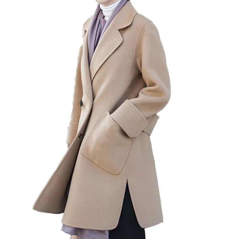 

Пальто из чистой шерсти, двустороннее шерстяное пальто средней длины, двубортное однотонное прямое Женское пальто