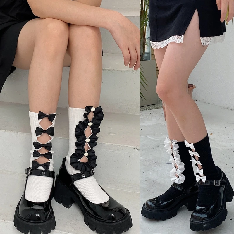 

Japanese Lolita Women Short Crew Socks Sweet Hollow Out Asymmetrical Bowknot Black White Kawaii Girls Student Mid Tube