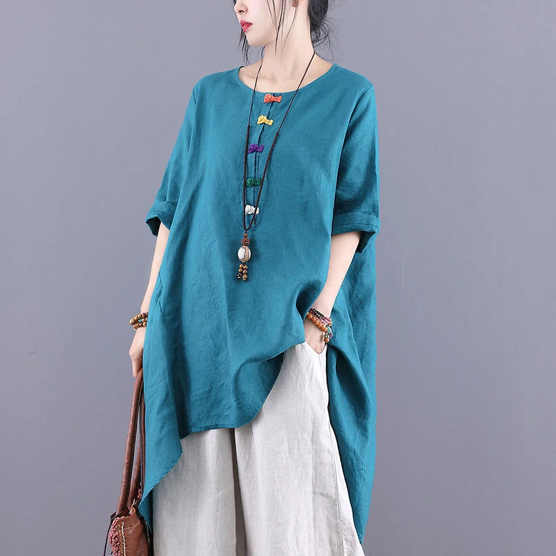 

New Summer Arts Style Women Short Sleeve Loose Shirts Vintage Button Cotton Linen O-neck Long Blouse Femme Tops Plus Size M105