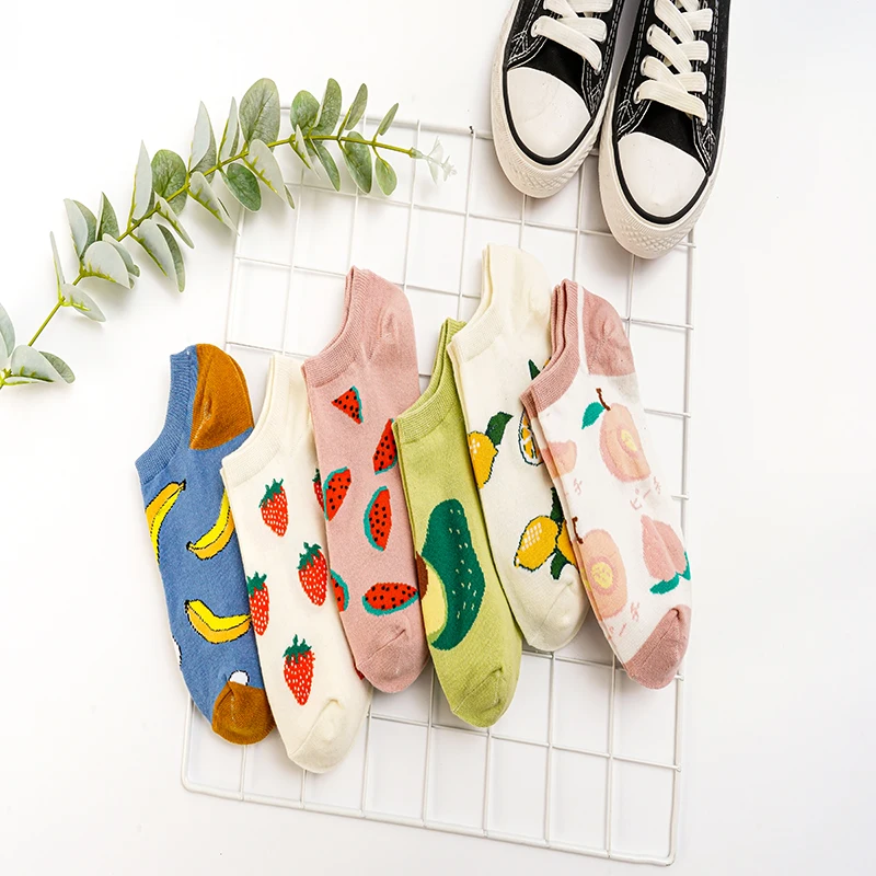

Summer Breathable Pure Cotton Shallow Mouth Womens Socks Cute Fruit Watermelon Avocado Pattern Thin Boat Socks Invisible Socks