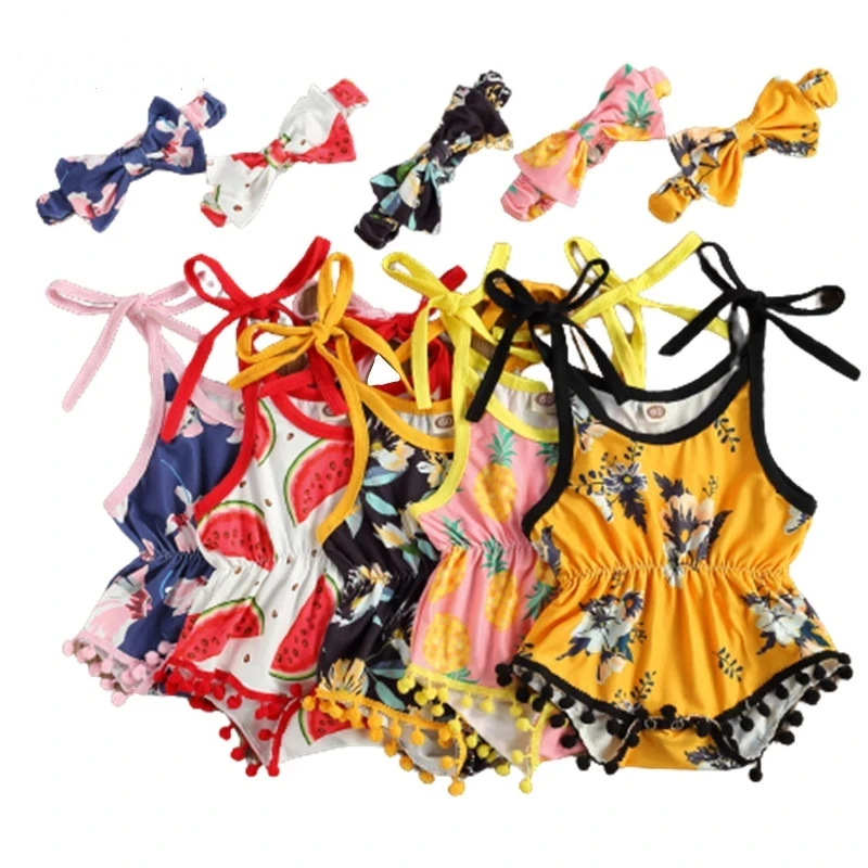 

2Pcs Breathable Baby Girls Outfit, Toddlers Summer Creative Fruit/Floral Printing Plush Ball Suspender Romper + Bow Headwear