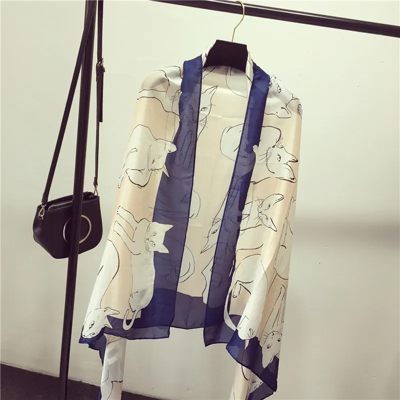 2019 женский шарф модный мягкий принт с милой кошкой шелковые шарфы длинный платок