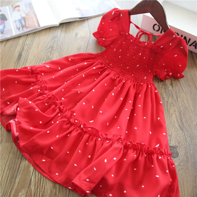 

2021 New Girls Short Sleeve Ruffles Red Dot Princess Dress Kids Elegant Party Prom Ball Gown Children Costume 3-14 Year