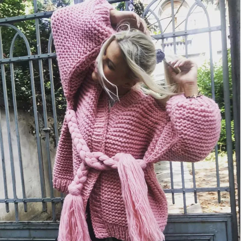 

and of winter 2021 pure autumn hand knitted tassel New style lace up Lantern Sleeve Sweater for women