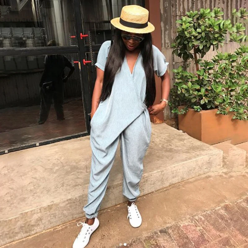 

Summer Rompers Woman Jumpsuits Fashion Solid V Neck Loose Sexy Women Playsuits Casual Women Jumpsuit Overalls Plus Size