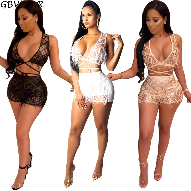 

Women Summer Night Club Costume Deep V Neck Sleeveless Crop Top + Shorts Outfit Pearls Feather Plaid Sequins Sexy Two Piece Set