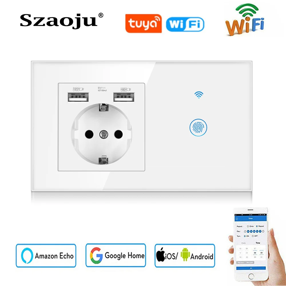 

TUYA Smart Touch Switch With16A USB Socket 146*86mm German Crystal Tempered Glass Panel Power Socket With WIFI Switch AC110-250V