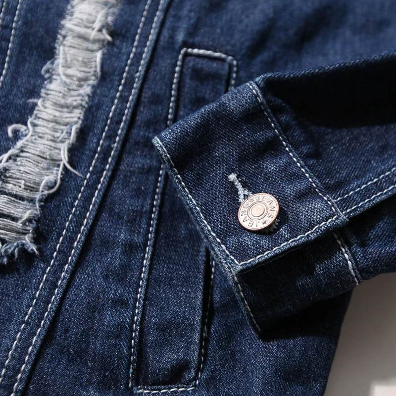 Мужская джинсовая куртка-бомбер Повседневная синяя рваная куртка с отложным