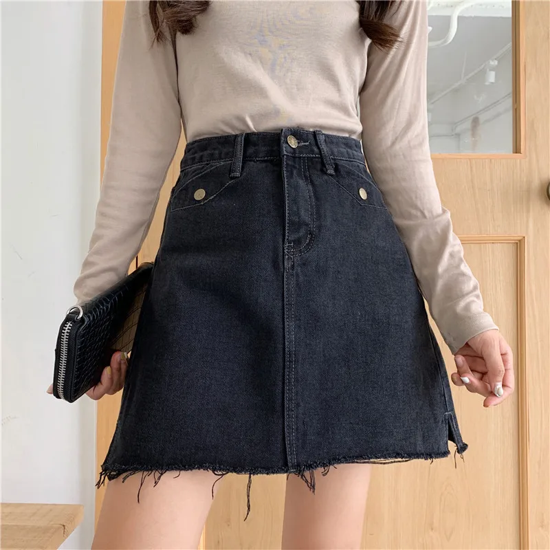 Черная уличная женская джинсовая юбка А-силуэта осень 2019 облегающая короткая
