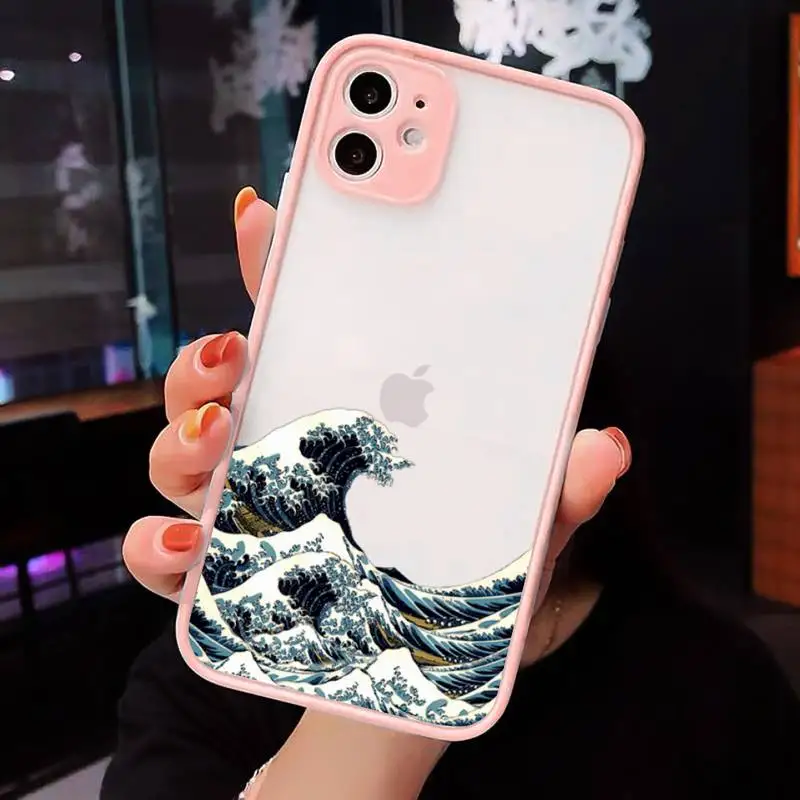 

The Big Wave of kanagawa Phone Case For iPhone 12 11 Mini Pro XR XS Max 7 8 Plus X Matte transparent Pink Back Cover