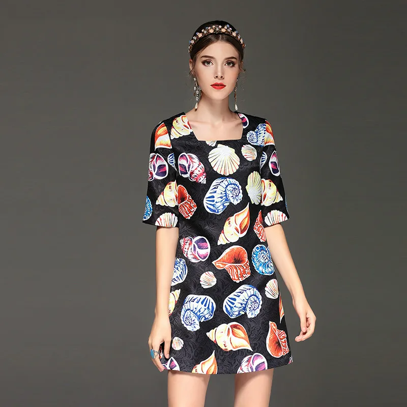 2022 Spring & Fall Italy Sicily Print shell Beautiful Short Sleeve Slim Dobby Luxurious Casual Dress Women  black dress