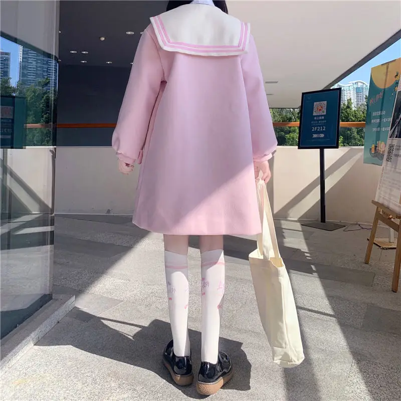 

Lolita Japanese Style Kawaii Overcoat Sweet Girl Tender Preppy Soft Sister Sailor Collar Cute Buttocks Warm Trend Coat Jacket