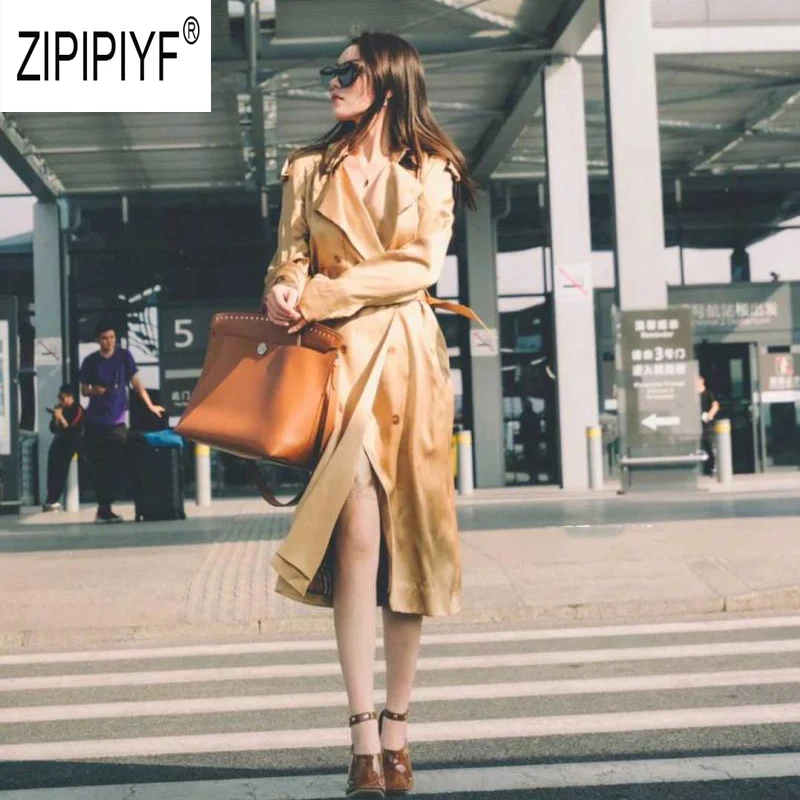 

Classical Style Fashion Women Trenches Long Sleeve Turn Down Neck Bow Bandage Design Long Trenches Casual Street Trenches Z2724