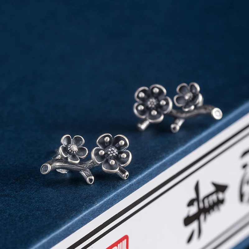 925 стерлингового серебра Ретро дизайн сливы цветущие серьги для женщин Необычные