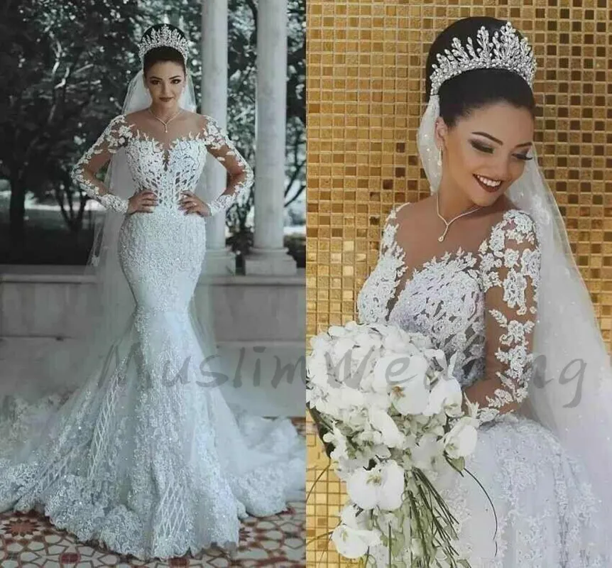 

Luxury Mermaid Muslim Wedding Dresses 2020 Illusion Long Sleeve Bodice Lace Beaded Arabic Wedding Gowns Vintage Church Bridal