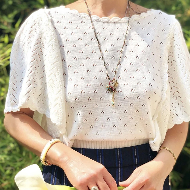 Женская футболка с вырезом лодочкой вязаный крючком Топ 2 цветов весна лето