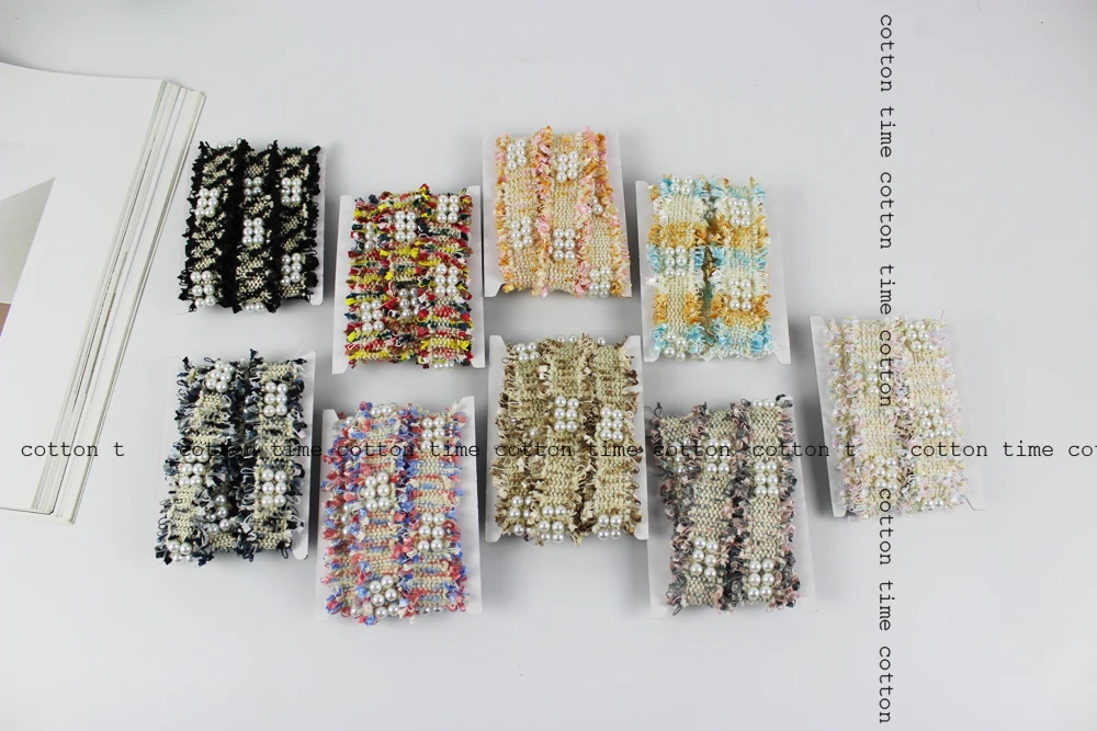 1 yard 3cm Tweed Webbing Pearl Beaded Trim Fabric Ribbon Sewing Handmade DIY Costume Dress Supplies Craft