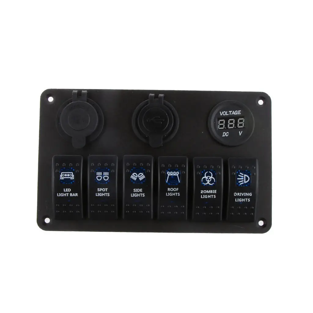 

12-24V Waterproof Boat Marine 6 Gang LED Rocker Switch Panel Circuit Breaker