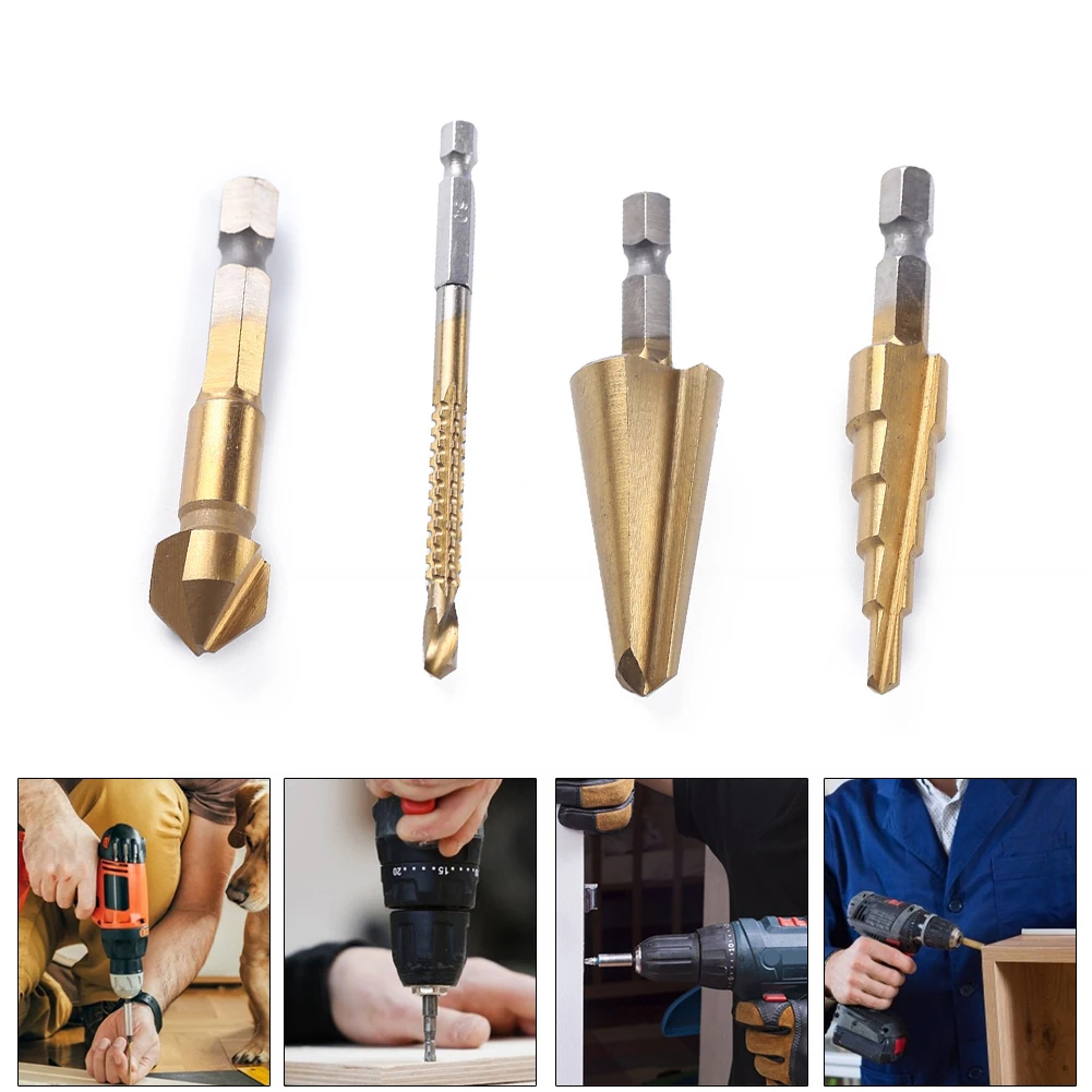 

4pcs/Set HSS Taper Umbrella Groove Step Drill Bits Chamfer Cutter Drill Set High Speed Steel Wood Hole Cutter Drilling Tools