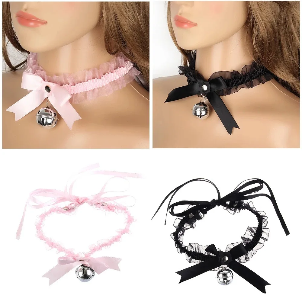 

Harajuku Pink Black Color Lace Bowknot Chokers Necklaces for Women Girlfriend Fashion Neck Jewelry Bell Pendant Necklace Sexy