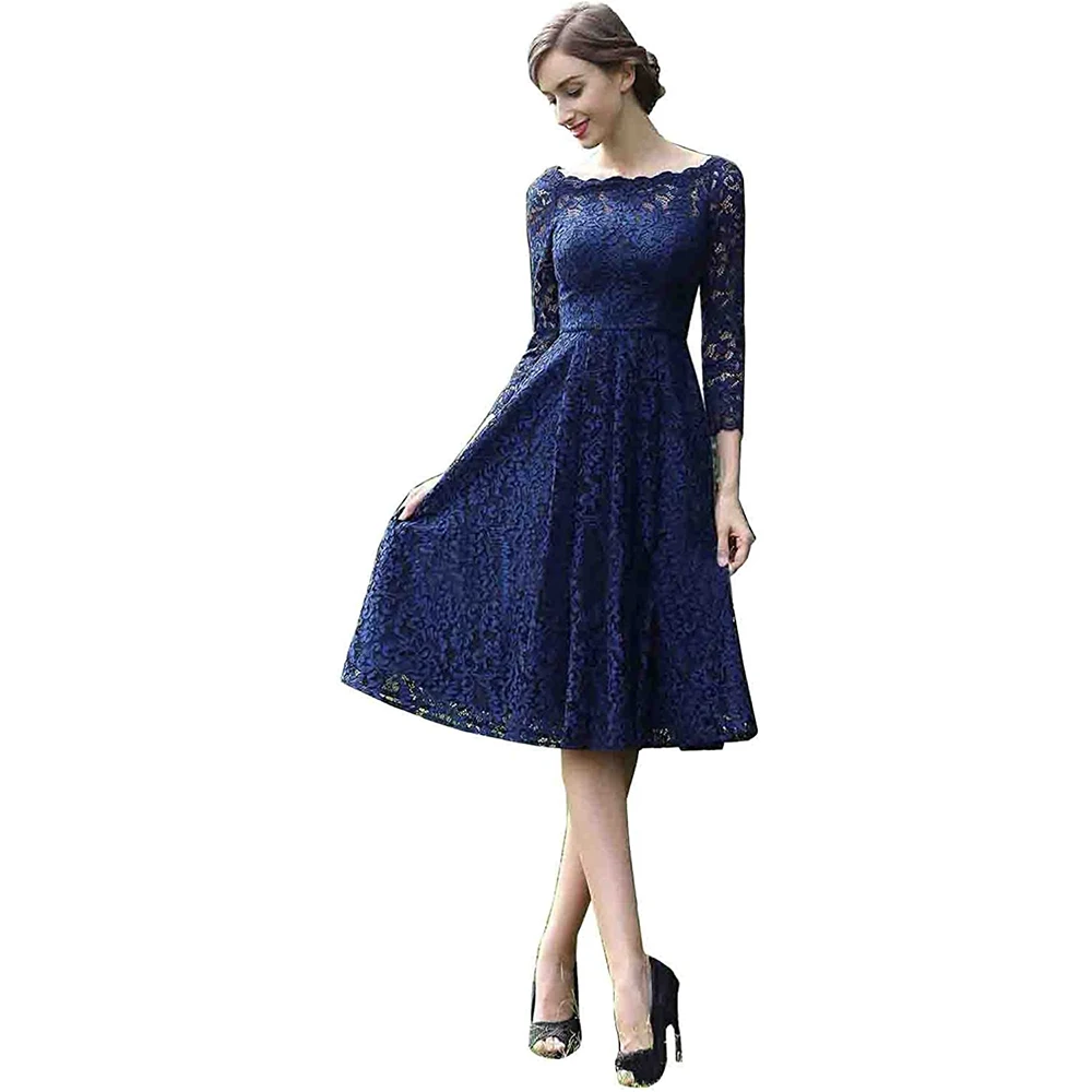 On Sale Charming Royal Blue Short Lace Mother of the Bride Dresses Bateau Neck Knee Length Wedding Guest Gowns With 3/4 Sleeves | Свадьбы и