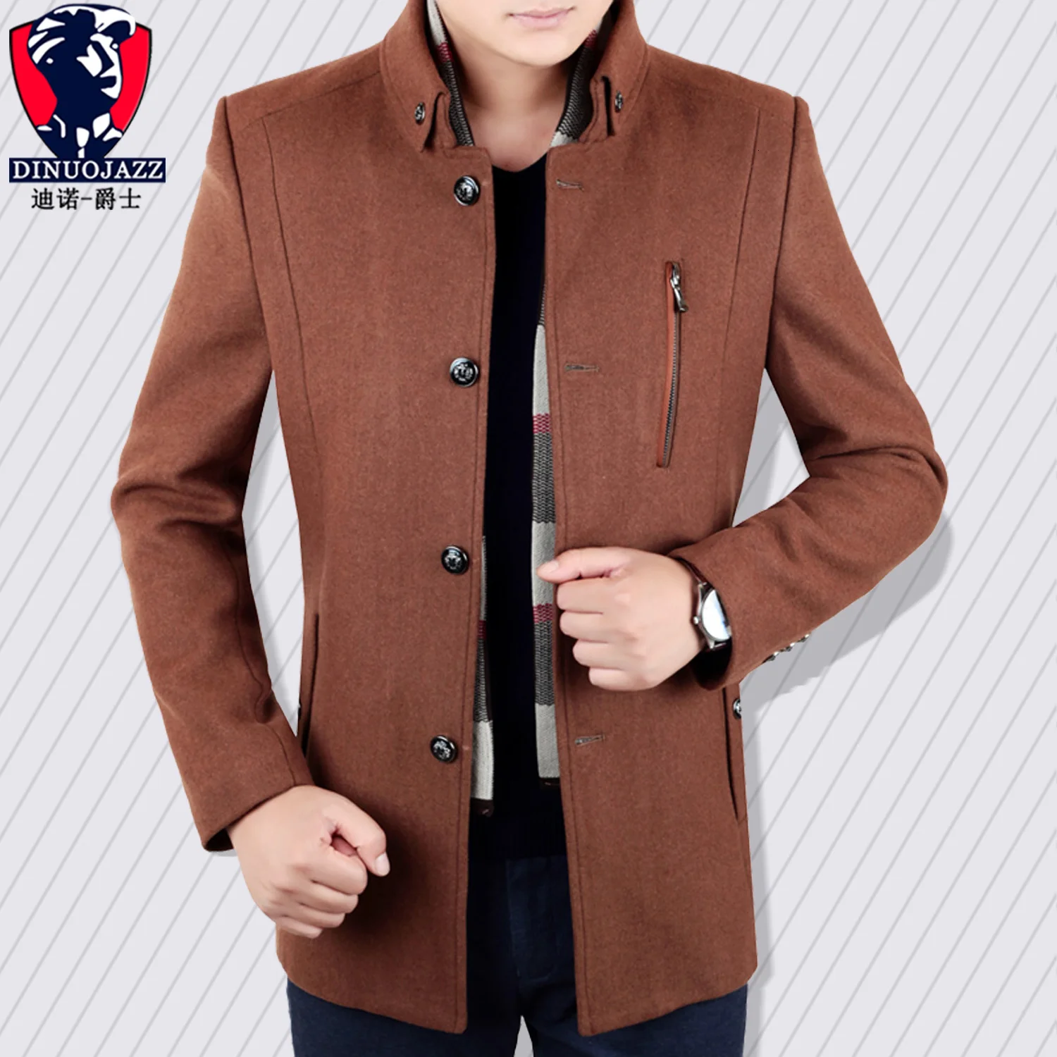 Мужская одежда шерстяное пальто со стоячим воротником однобортное длинное