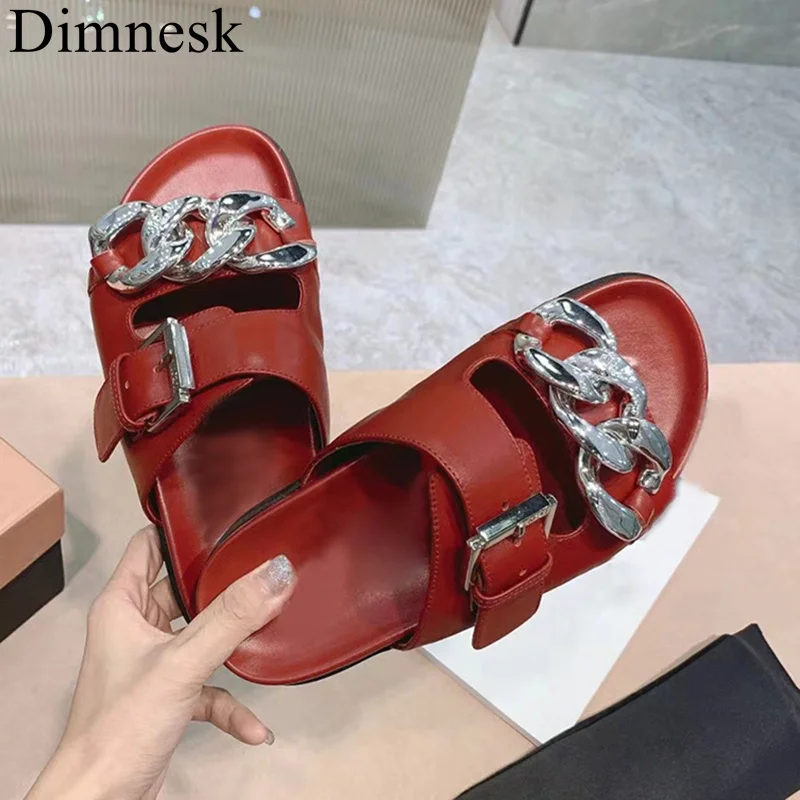 

Flat Thick Sole Chain Slippers Women Genuine Leather Metal Belt Buckle Sandals Summer Outdoor Vacation Shoes Ladies Large Size