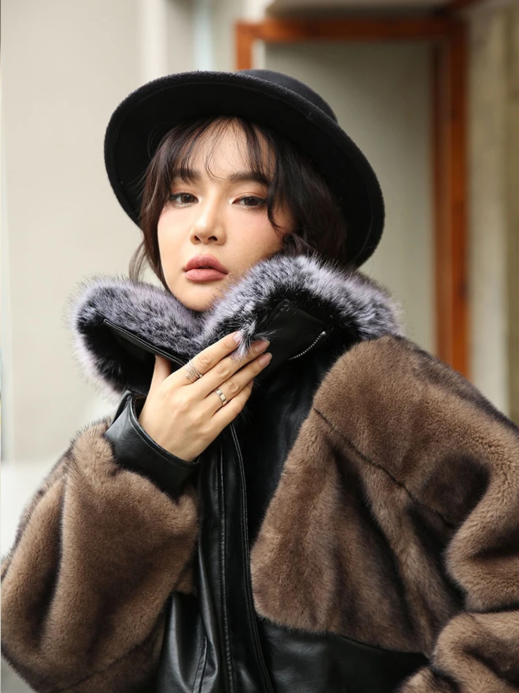 HJQJLJLS2022 New Fashion Women Motorcycle Style Faux Mink Fur Coat Spliced PU Leather Female Thick Loose Lapel Jacket Fuzzy Coat images - 6