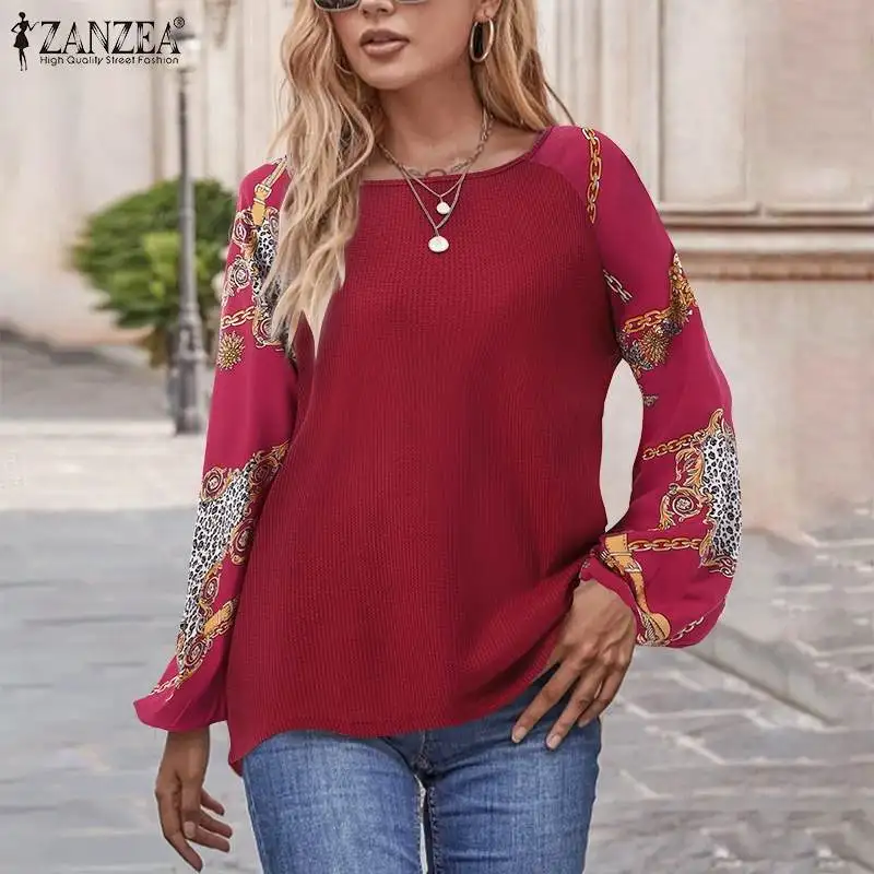 

Women Vintage Floral Printed Blouse ZANZEA Elegant Spring O Neck Long Sleeve Patchwork Tops Loose Holiday Blusas Work OL Shirt