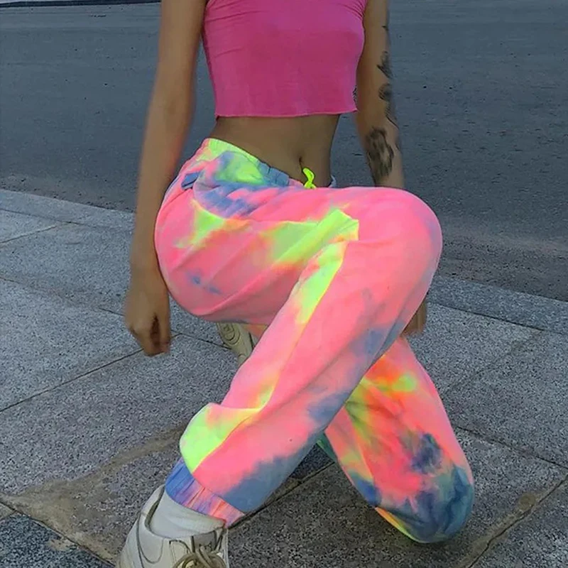

Брюки-джоггеры Tie Dye женские, уличная мода, свободные спортивные штаны с завышенной талией, повседневные Красочные Брюки